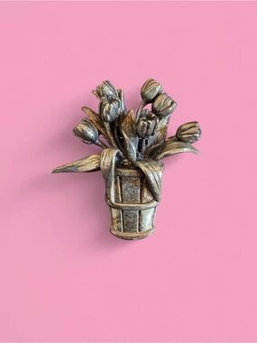 Vintage Signed H&H Sterling Silver Tulip Flower Pot Brooch Pin Dimensional Flora